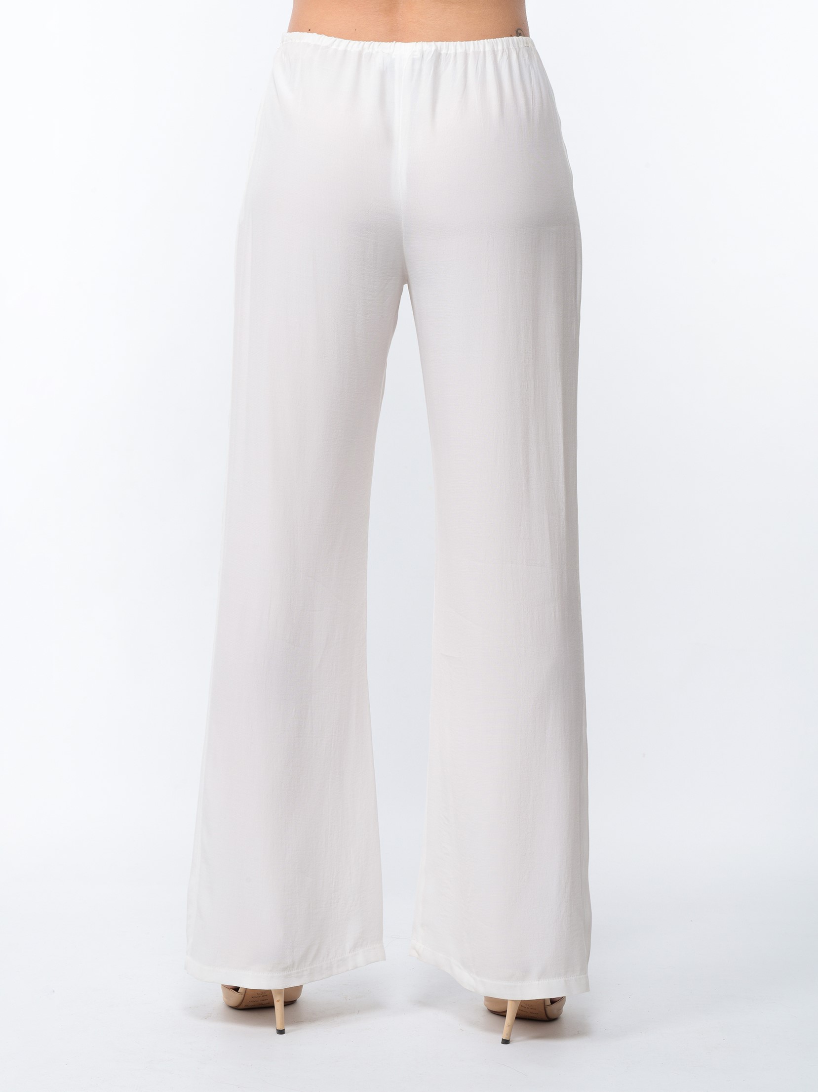 Flowing summer trousers in cotton crepe and white viscose or viscose and lilac silk 